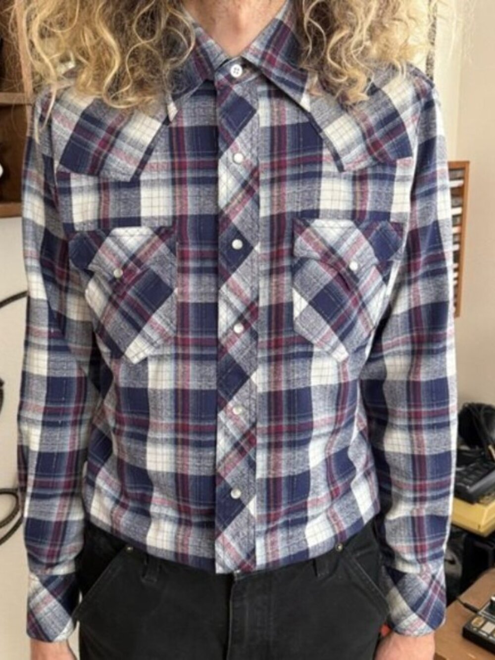 Vintage 90s Tinsel Plaid Pearl Snap Western ~ Size Medium